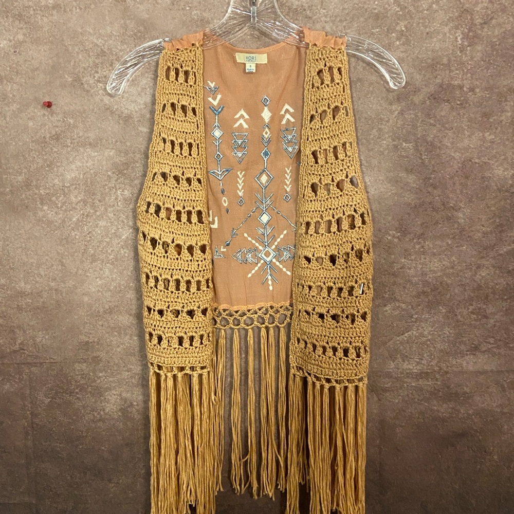 Kori America~southwest style embroidered & crocheted vest with fringe~size S~EUC - Picture 2 of 5